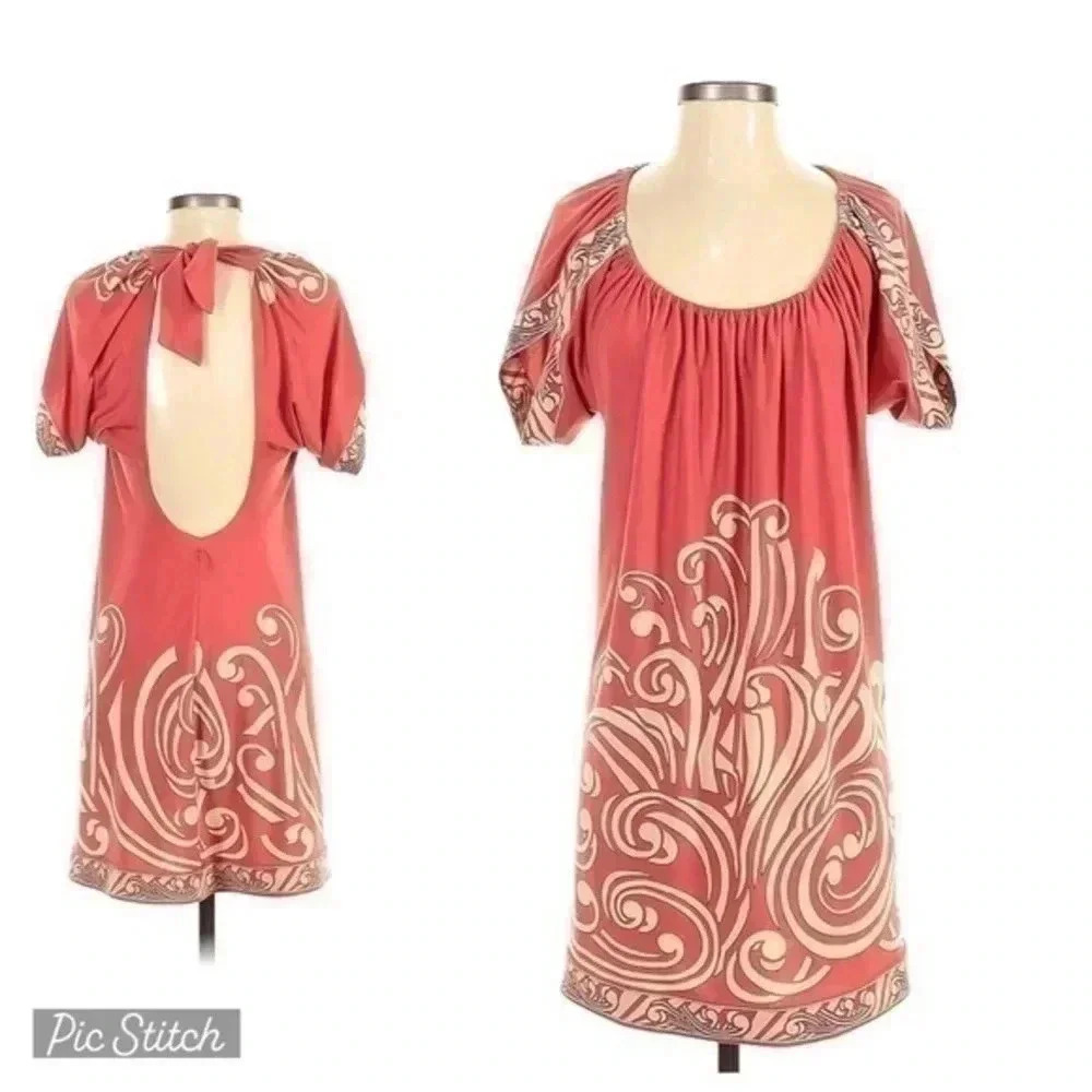 Vintage BCBGMAXAZRIA Y2K Terra-Cotta Coral Border Print Dress Tie Back Size XXS
